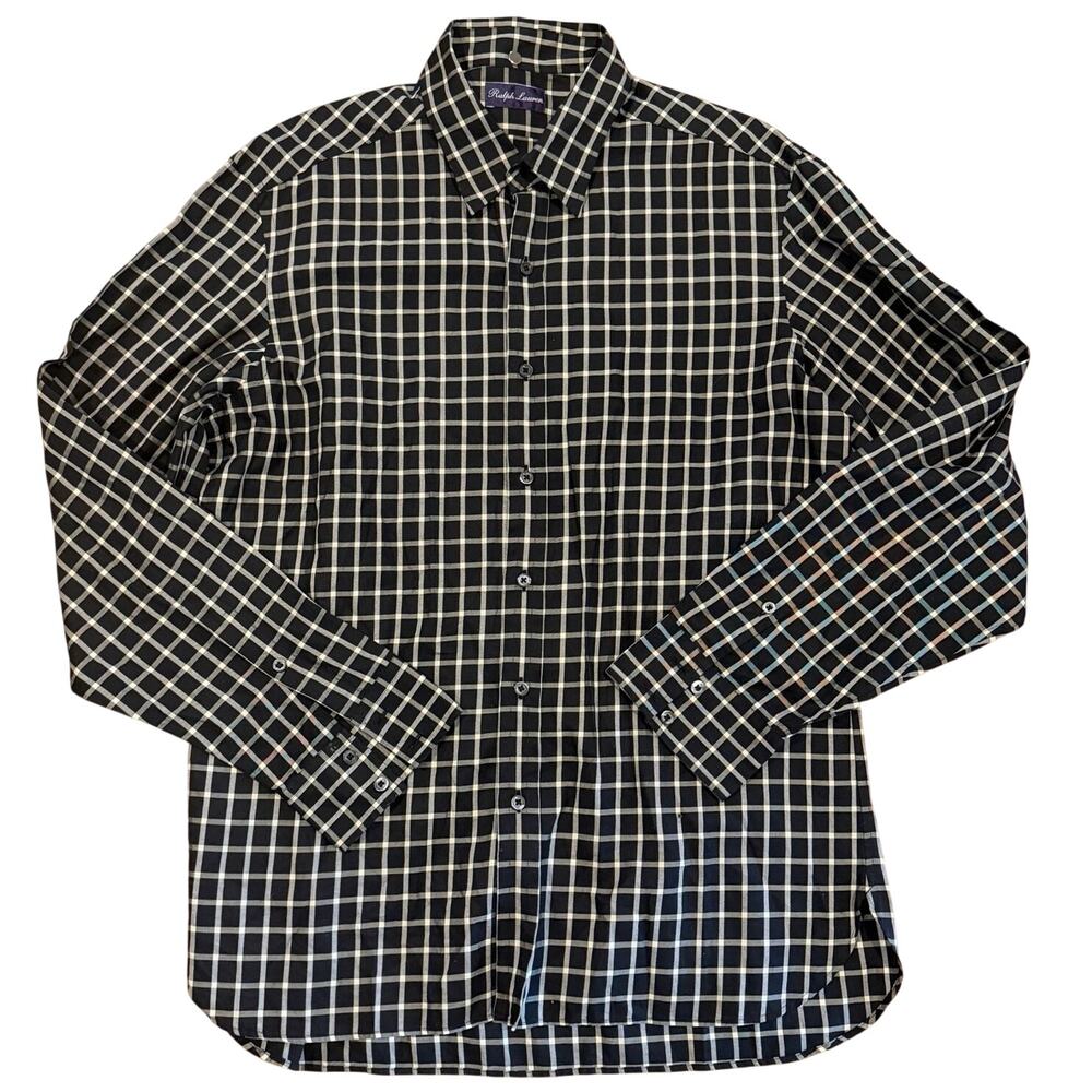 NWOT Ralph Lauren Purple Label Mens Button Down Shirt XL Black White Plaid